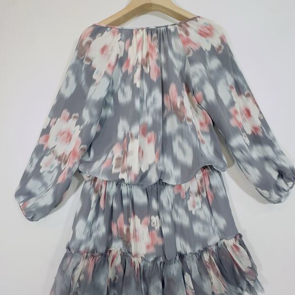 Rebecca Taylor Silk Floral Ruffle Hem Dress Gray Pink Tie Waist Long Sleeve 100% - Picture 11 of 15